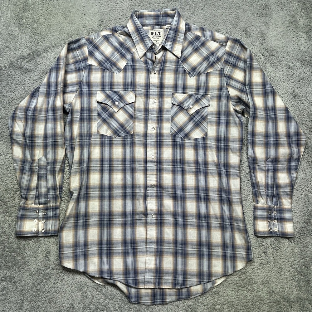 Ely Cattleman Shirt Mens M Blue Tan Plaid Western Pearl Snap Long Sleeve Pockets